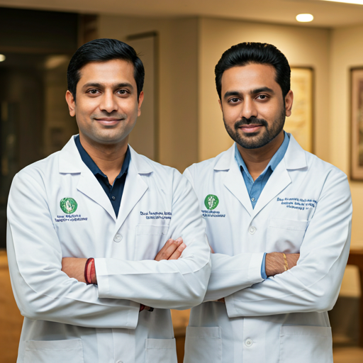 Two male doctors in white coats standing together with crossed arms