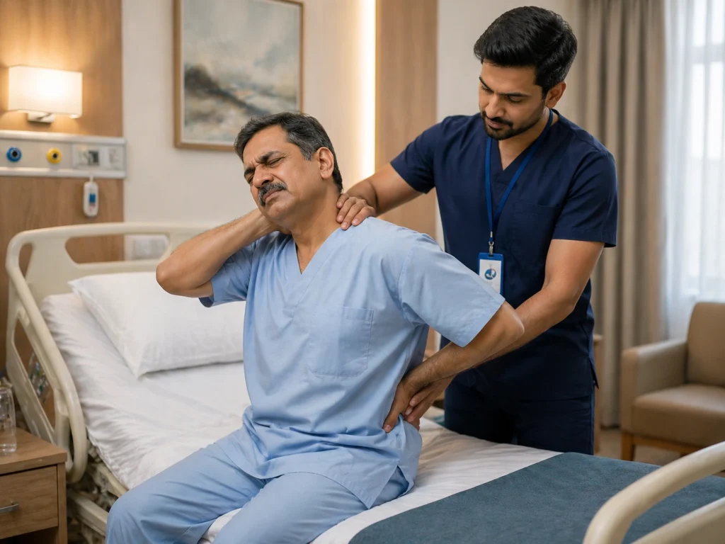 hysiotherapist assisting a patient experiencing neck and lower back pain