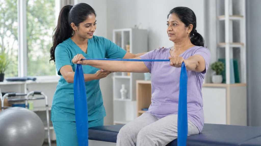 Physiotherapist assisting a woman with resistance band exercises