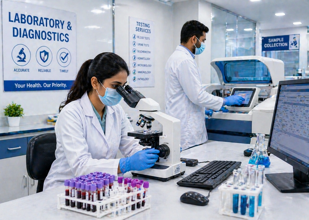 Medical laboratory technicians analyzing blood samples using a microscope and diagnostic equipment