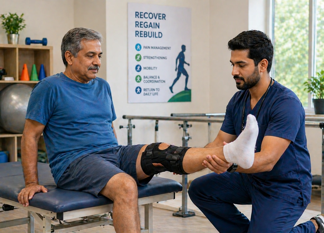 Physiotherapist assisting a senior man with knee rehabilitation