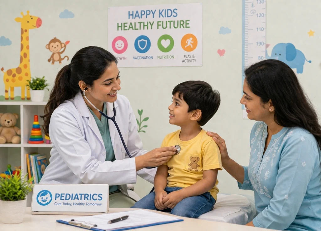 Pediatrician examining a young child with his mother in a children’s clinic