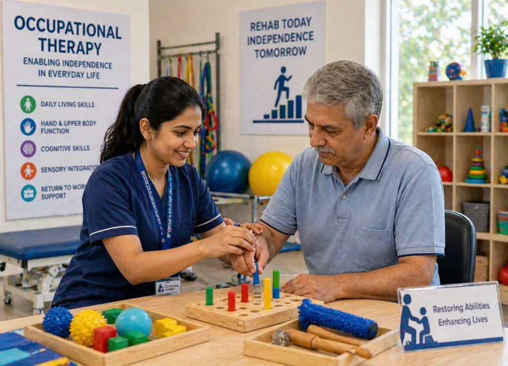 Occupational therapist guiding a senior man through hand rehabilitation exercises