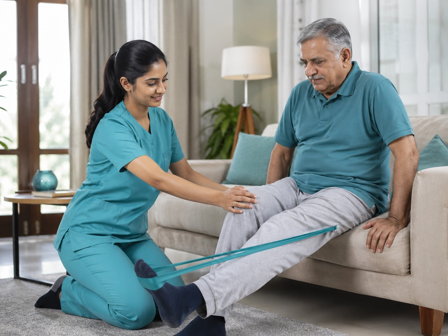 Physiotherapist assisting a senior man with resistance band leg exercises at home