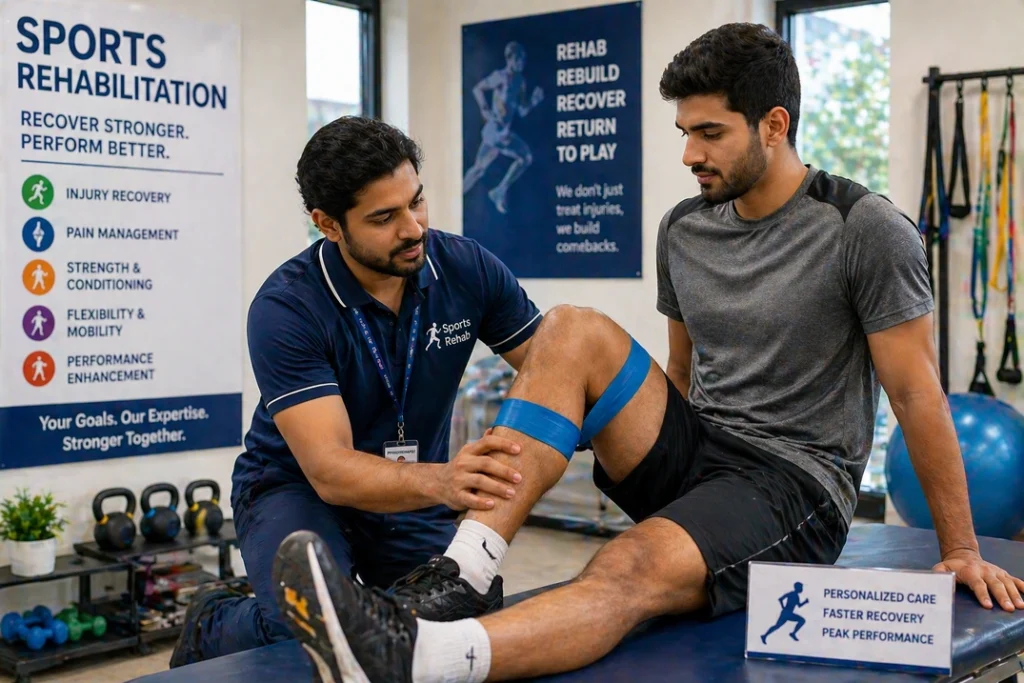 Sports physiotherapist assessing an athlete’s knee during rehabilitation